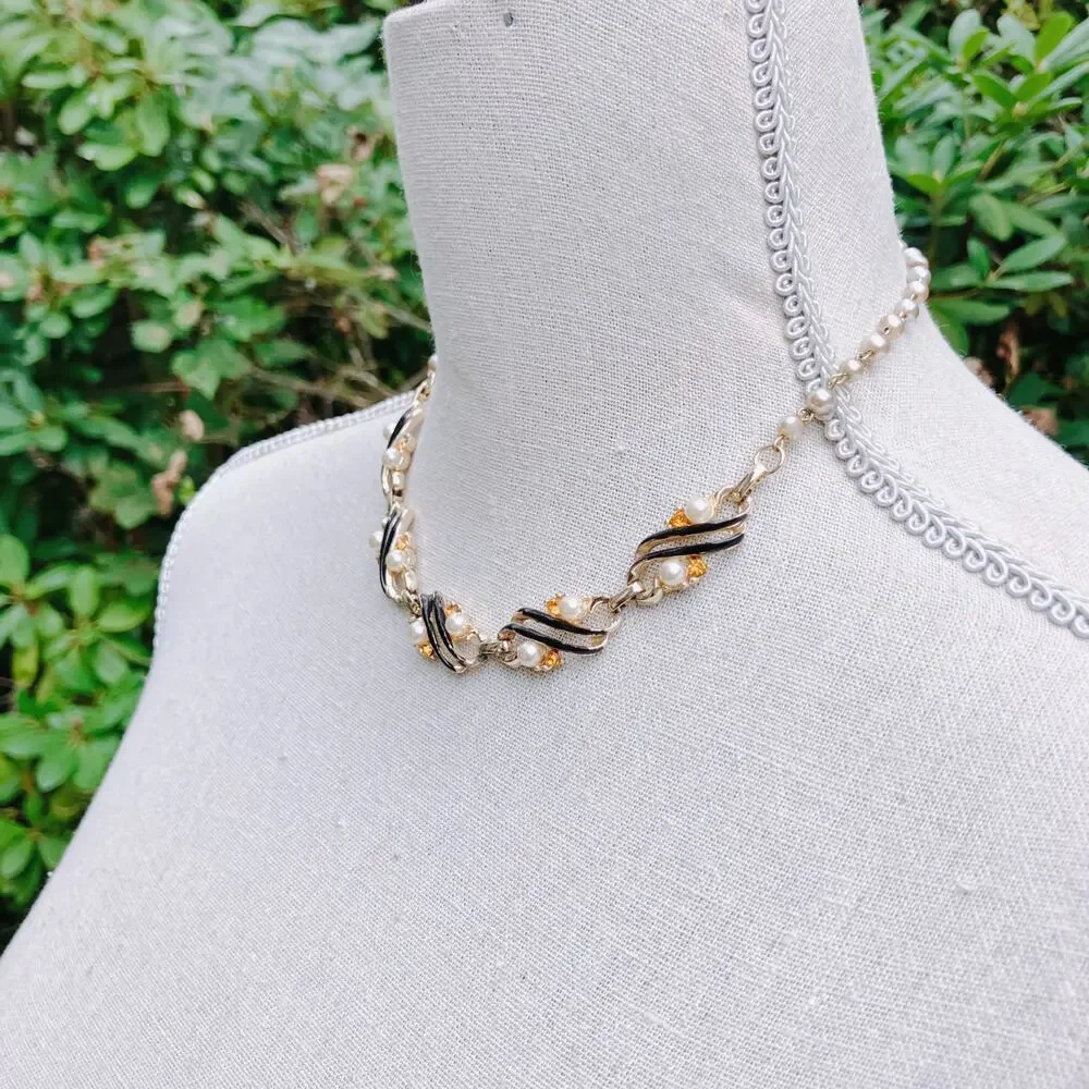 Vintage 50s Gold Tone Black Enamel Faux Pearl Rhinestone Link Choker Necklace
